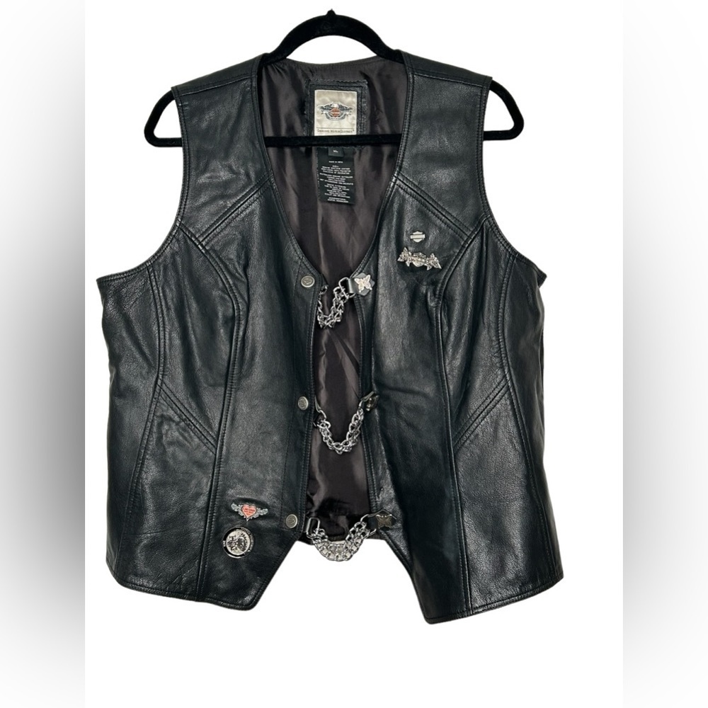 Harley Davidson Black Goat Leather Riding Vest w/3 Chainlink Snap Closures XL